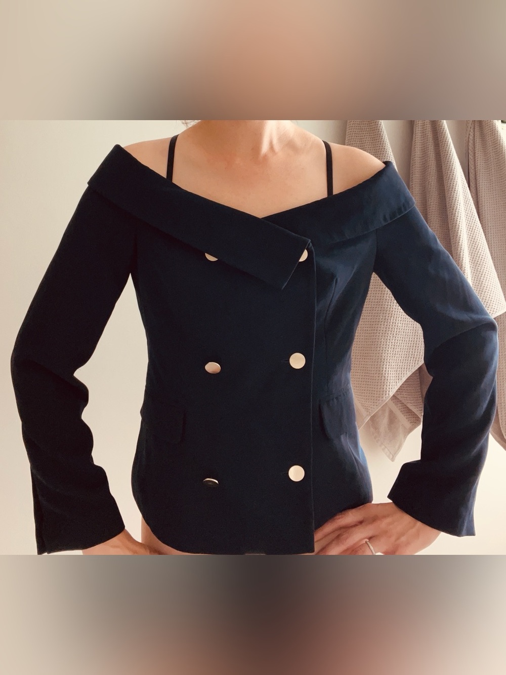 Off-Shoulder Black Double-Breasted Blazer with Gold Buttons